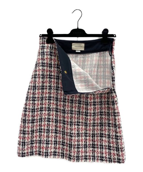 GUCCI（グッチ）GUCCI (グッチ) GGバックル台形ツイードスカート ネイビー×ホワイト×レッド サイズ:44の古着・服飾アイテム