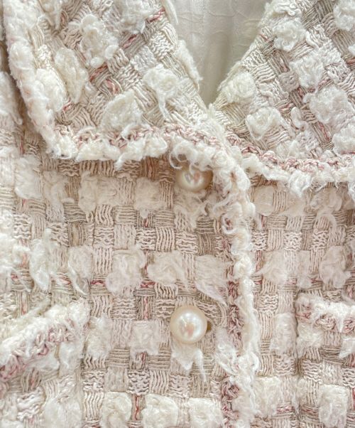 CHANEL（シャネル）CHANEL (シャネル) ツイードパールロゴボタンジャケット ピンク×ホワイト サイズ:34の古着・服飾アイテム