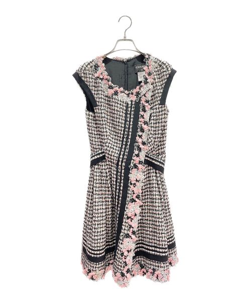CHANEL（シャネル）CHANEL (シャネル) ツイードノースリーブワンピース ブラック×ピンク サイズ:36の古着・服飾アイテム