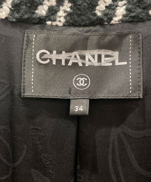 CHANEL（シャネル）CHANEL (シャネル) ノーカラーツイードジャケット ブラック×ホワイト サイズ:34の古着・服飾アイテム