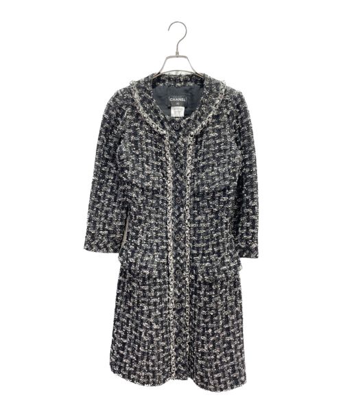 CHANEL（シャネル）CHANEL (シャネル) ツイードロングコート ブラック×ホワイト サイズ:34の古着・服飾アイテム