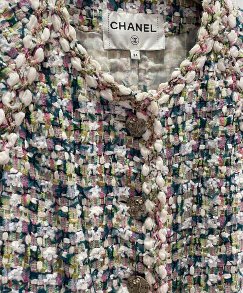 CHANEL（シャネル）CHANEL (シャネル) ツイードジャケット グリーン×ホワイト×ピンク サイズ:34の古着・服飾アイテム