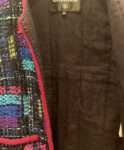 CHANEL（シャネル）CHANEL (シャネル) ノーカラーツイードジャケット ブルー サイズ:34の古着・服飾アイテム