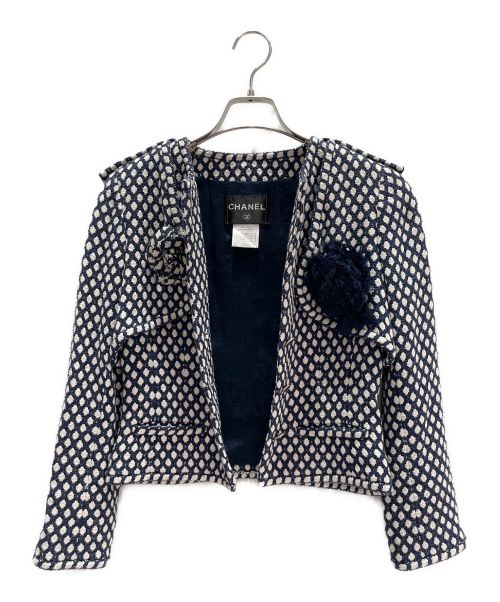CHANEL（シャネル）CHANEL (シャネル) ノーカラージャケット ネイビー×ホワイト サイズ:36の古着・服飾アイテム