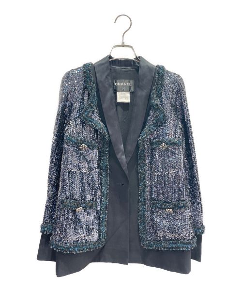 CHANEL（シャネル）CHANEL (シャネル) スパンコールレイヤードジャケット ブルー×ブラック サイズ:36の古着・服飾アイテム