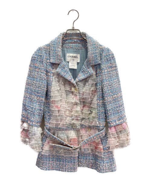 CHANEL（シャネル）CHANEL (シャネル) フリルツイードジャケット スカイブルー サイズ:36の古着・服飾アイテム
