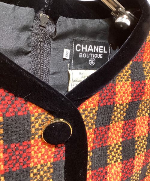 CHANEL BOUTIQUE（シャネル ブティック）CHANEL BOUTIQUE (シャネル ブティック) 4ポケットベロアボタンツイードワンピース オレンジ×ブラック サイズ:36の古着・服飾アイテム