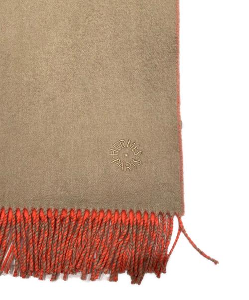 HERMES（エルメス）HERMES (エルメス) カシミヤエンボスロゴマフラー ピンク×ブラウンの古着・服飾アイテム