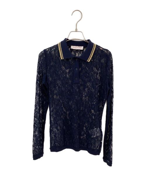 VALENTINO（ヴァレンティノ）VALENTINO (ヴァレンティノ) レースデザインポロシャツ ネイビー サイズ:Sの古着・服飾アイテム