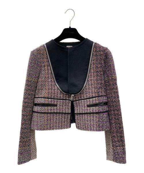 CELINE（セリーヌ）CELINE (セリーヌ) ジップ切り替えノーカラーツイードジャケット マルチカラー サイズ:40の古着・服飾アイテム