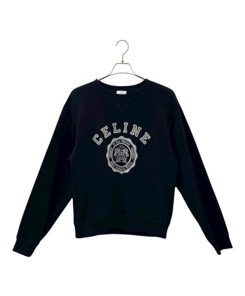CELINE（セリーヌ）CELINE (セリーヌ) クルーネック カレッジロゴ フロッキープリントスウェット ブラック サイズ:Mの古着・服飾アイテム