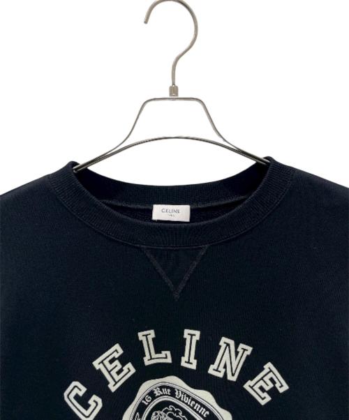 CELINE（セリーヌ）CELINE (セリーヌ) クルーネック カレッジロゴ フロッキープリントスウェット ブラック サイズ:Mの古着・服飾アイテム