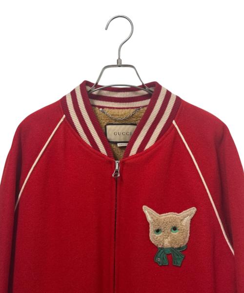 GUCCI（グッチ）GUCCI (グッチ) 裏ボア キャットワッペン スタジャンブルゾン レッド サイズ:46の古着・服飾アイテム