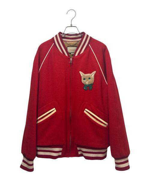 GUCCI（グッチ）GUCCI (グッチ) 裏ボア キャットワッペン スタジャンブルゾン レッド サイズ:46の古着・服飾アイテム