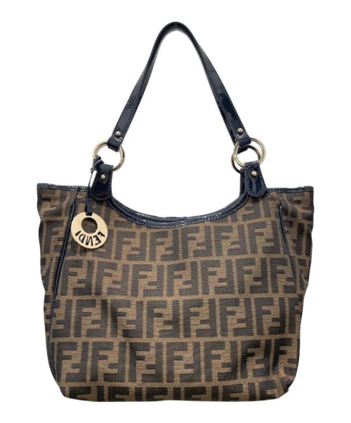 FENDI（フェンディ）FENDI (フェンディ) ズッカエナメルキャンバスハンドバッグ ネイビー×ブラウンの古着・服飾アイテム