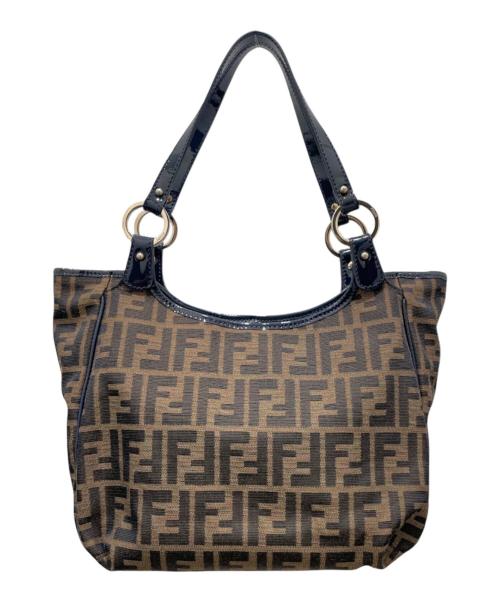 FENDI（フェンディ）FENDI (フェンディ) ズッカエナメルキャンバスハンドバッグ ネイビー×ブラウンの古着・服飾アイテム