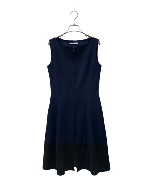 FOXEY NEWYORK（フォクシーニューヨーク）FOXEY NEWYORK (フォクシーニューヨーク) ジップアップ バイカラー ノースリーブ ミディアム フレア ワンピース ネイビー サイズ:40の古着・服飾アイテム