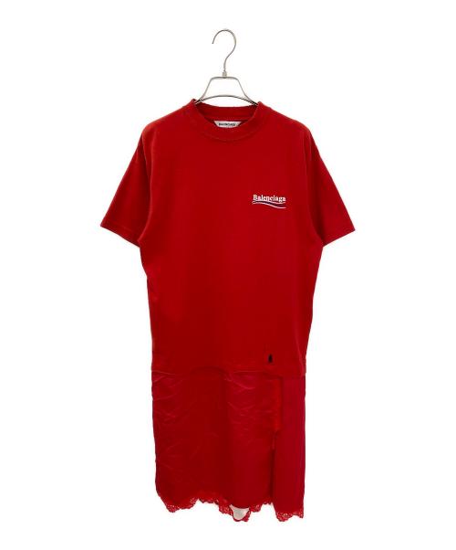 BALENCIAGA（バレンシアガ）BALENCIAGA (バレンシアガ) 21AW レースデザイン キャンペーンロゴ半袖Tシャツ ワンピース レッド サイズ:XSの古着・服飾アイテム