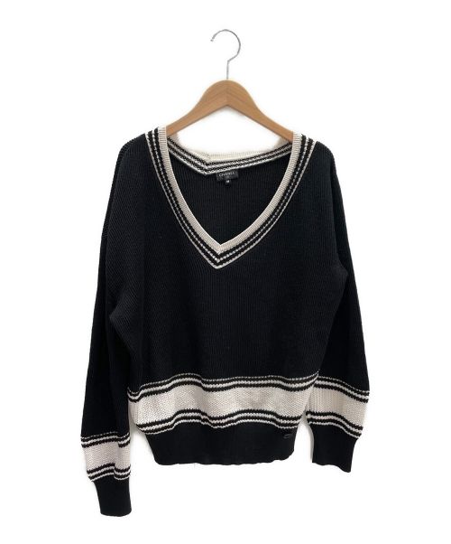 CHANEL（シャネル）CHANEL (シャネル) アシンメトリーVネックニット ホワイト×ブラック サイズ:36の古着・服飾アイテム