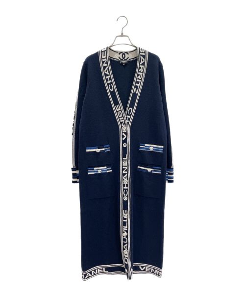 CHANEL（シャネル）CHANEL (シャネル) カシミヤロゴロングカーディガン ネイビー×ホワイト サイズ:36の古着・服飾アイテム