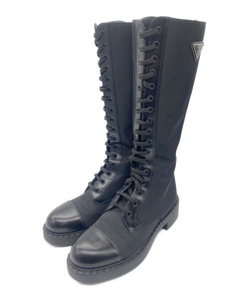PRADA（プラダ）PRADA (プラダ) ブラッシュドレザーx Re-Nylon ブーツ ブラック サイズ:36の古着・服飾アイテム