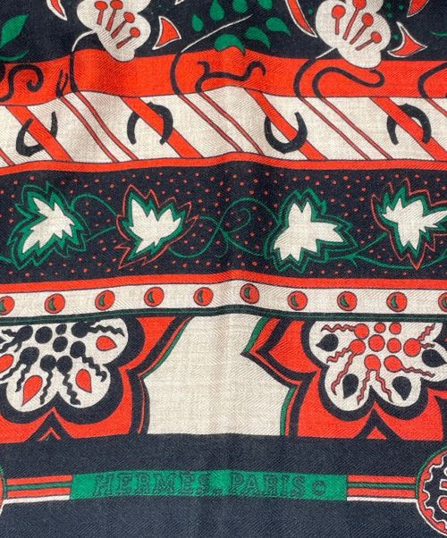 HERMES（エルメス）HERMES (エルメス) シルク カシミヤ 大判 ストール ブラック×レッドの古着・服飾アイテム