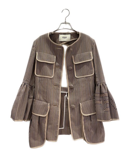 FENDI（フェンディ）FENDI (フェンディ) ストライプノーカラージャケット ベージュ サイズ:36 未使用品の古着・服飾アイテム