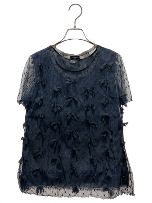 CHANEL（シャネル）CHANEL (シャネル) Ribbon see through blouse ネイビー×ブラック サイズ:38の古着・服飾アイテム