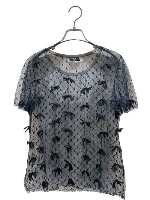 CHANEL（シャネル）CHANEL (シャネル) Ribbon see through blouse ネイビー×ブラック サイズ:38の古着・服飾アイテム