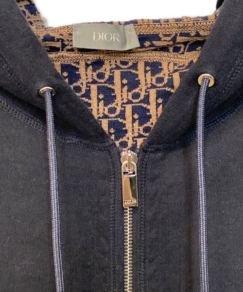 Christian Dior（クリスチャン ディオール）Christian Dior (クリスチャン ディオール) ロゴ刺繍オブリークジャガードパーカー ネイビー×ベージュ サイズ:Lの古着・服飾アイテム