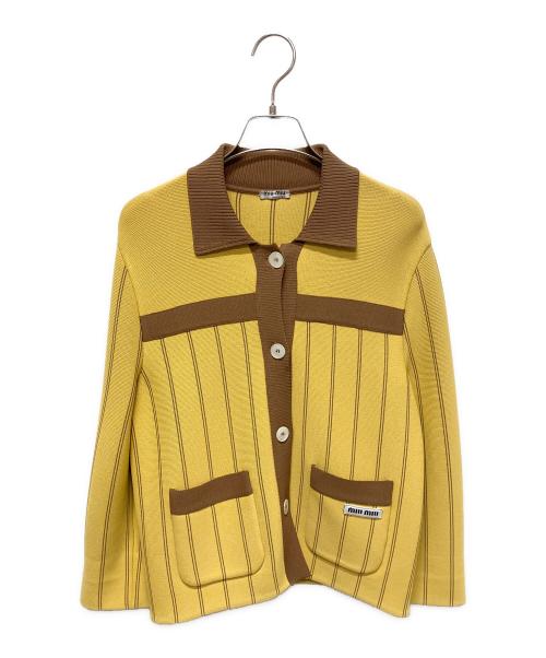 MIU MIU（ミュウミュウ）MIU MIU (ミュウミュウ) MIU MIU トリムパッチ ストライプ ニット カーディガン マスタード サイズ:36の古着・服飾アイテム