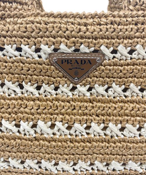 PRADA（プラダ）PRADA (プラダ) カナパ 2WAY ラフィアハンドバッグ ベージュ×ホワイト サイズ:Mの古着・服飾アイテム