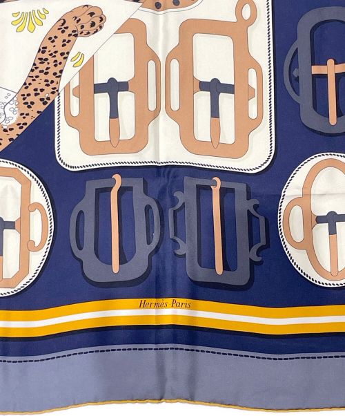 HERMES（エルメス）HERMES (エルメス) カレ ウォッシュ 90 LES LEOPARDS MODERNES アイボリー×ネイビー サイズ:90の古着・服飾アイテム