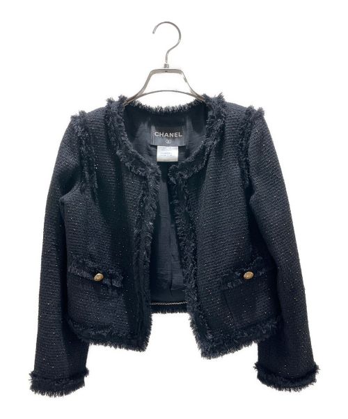 CHANEL（シャネル）CHANEL (シャネル) ココボタンノーカラーツイードジャケット ブラック サイズ:34の古着・服飾アイテム