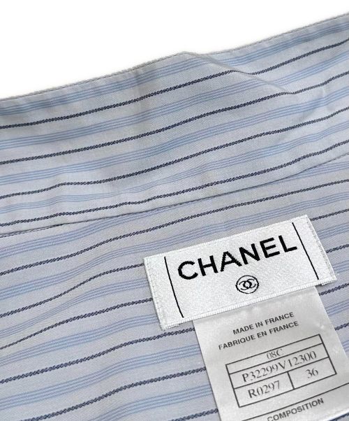 CHANEL（シャネル）CHANEL (シャネル) 比翼ストライプカフスボタンシャツ ブルー×ホワイト サイズ:36の古着・服飾アイテム