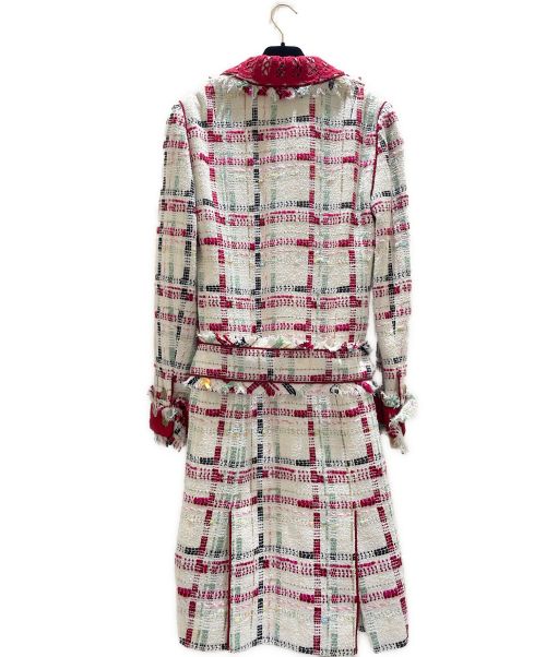 CHANEL（シャネル）CHANEL (シャネル) チェックツイードレースカラーコート アイボリー×レッド サイズ:40の古着・服飾アイテム