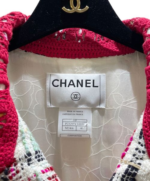 CHANEL（シャネル）CHANEL (シャネル) チェックツイードレースカラーコート アイボリー×レッド サイズ:40の古着・服飾アイテム