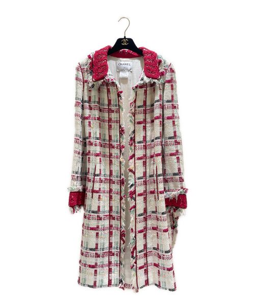 CHANEL（シャネル）CHANEL (シャネル) チェックツイードレースカラーコート アイボリー×レッド サイズ:40の古着・服飾アイテム
