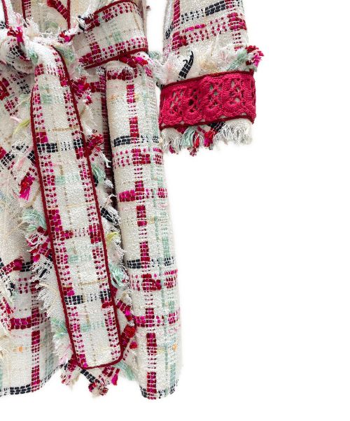 CHANEL（シャネル）CHANEL (シャネル) チェックツイードレースカラーコート アイボリー×レッド サイズ:40の古着・服飾アイテム