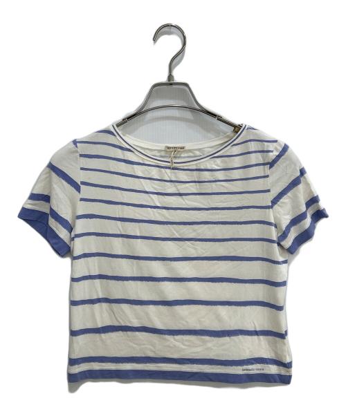 HERMES（エルメス）HERMES (エルメス) マルジェラ期 半袖ボ－ダーカットソー ホワイト×パープル サイズ:SMの古着・服飾アイテム