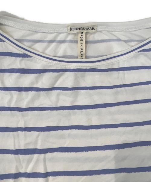 HERMES（エルメス）HERMES (エルメス) マルジェラ期 半袖ボ－ダーカットソー ホワイト×パープル サイズ:SMの古着・服飾アイテム