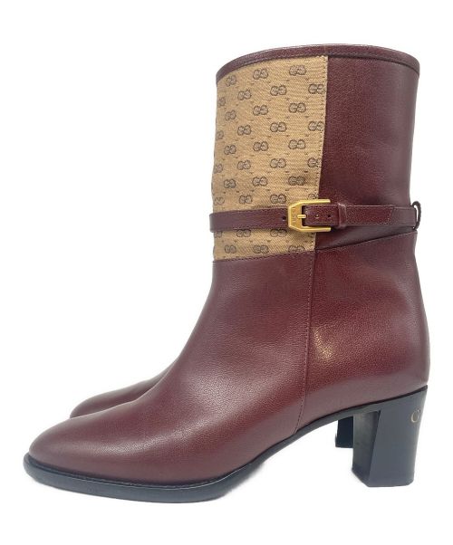GUCCI（グッチ）GUCCI (グッチ) ヒールロゴ サイドジップ ブーティ ブラウン サイズ:34 2/1の古着・服飾アイテム