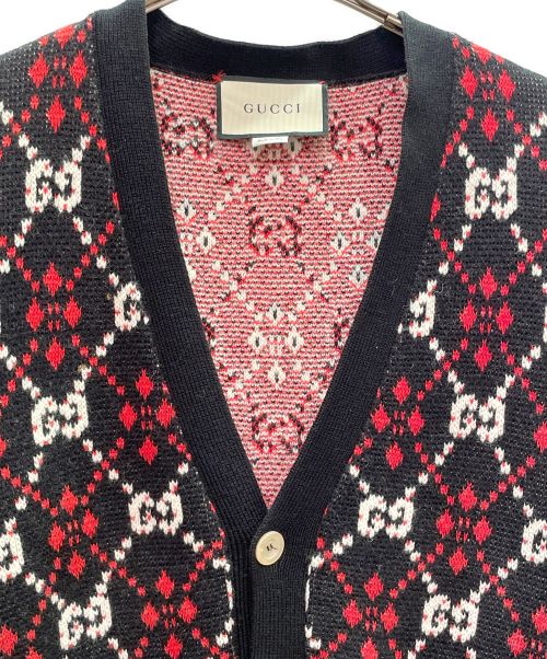 GUCCI（グッチ）GUCCI (グッチ) GG ダイヤモンド カーディガン ブラック×レッド サイズ:Mの古着・服飾アイテム