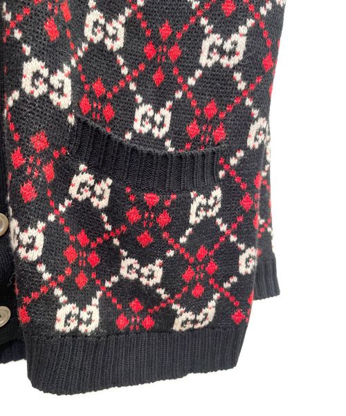 GUCCI（グッチ）GUCCI (グッチ) GG ダイヤモンド カーディガン ブラック×レッド サイズ:Mの古着・服飾アイテム