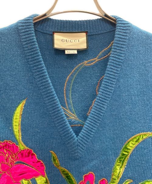 GUCCI（グッチ）GUCCI (グッチ) Vネック 花柄 刺繍 ニット ブルー サイズ:Mの古着・服飾アイテム