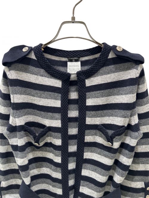CHANEL（シャネル）CHANEL (シャネル) ボーダー カシミヤ カーディガン ブラック×グレー サイズ:38の古着・服飾アイテム