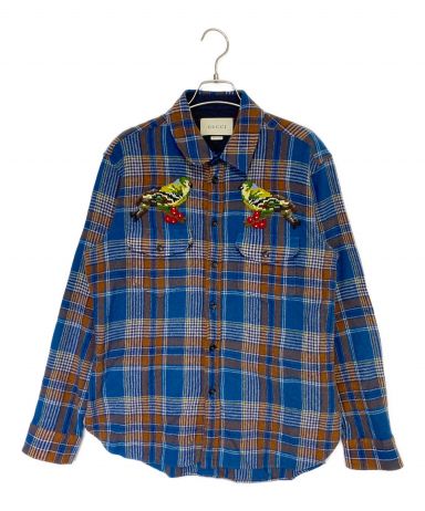 中古・古着通販】GUCCI (グッチ) Bird Embroidery Check Shirt ブルー