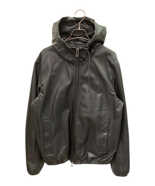EMPORIO ARMANI（エンポリオ アルマーニ）EMPORIO ARMANI (エンポリオアルマーニ) フーデットレザージャケット ブラック サイズ:48の古着・服飾アイテム