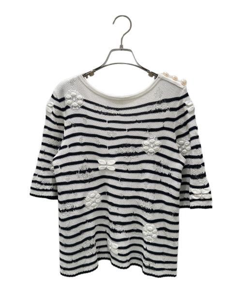 CHANEL（シャネル）CHANEL (シャネル) コットンレーヨンボタン半袖ニット ホワイト×ブラック サイズ:34の古着・服飾アイテム