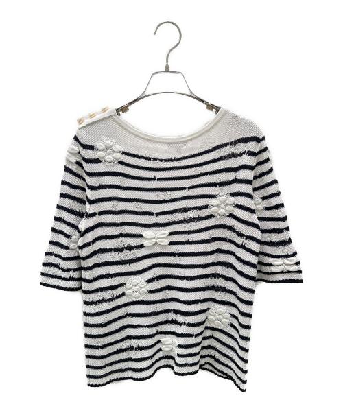 CHANEL（シャネル）CHANEL (シャネル) コットンレーヨンボタン半袖ニット ホワイト×ブラック サイズ:34の古着・服飾アイテム